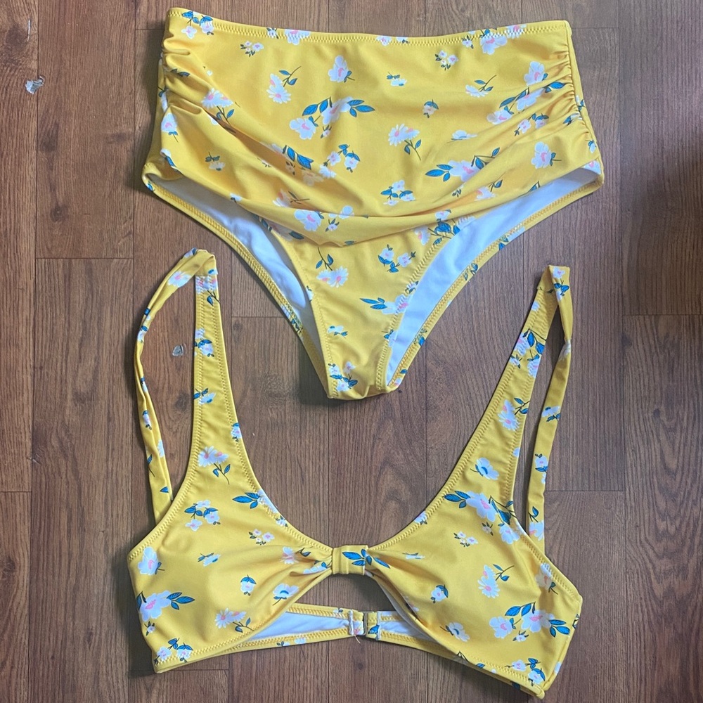 Nwot Yellow Bikini Floral Hi Waisted | Cupshe | Sz L